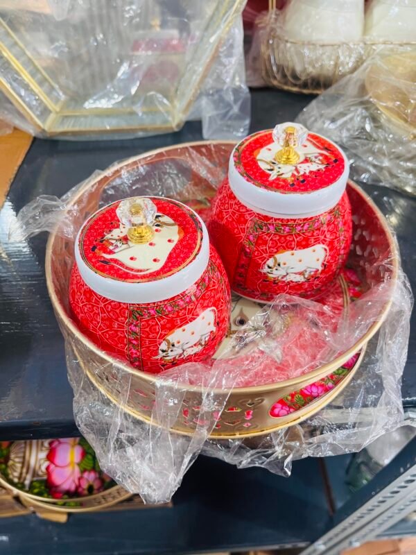 Elegant Gold Plated Tray with 2 Red Bowls – Decorative Serving Set for Dry Fruits, Sweets & Gifting - Image 2