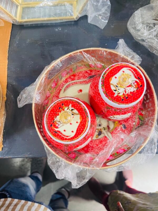 Elegant Gold Plated Tray with 2 Red Bowls – Decorative Serving Set for Dry Fruits, Sweets & Gifting - Image 3