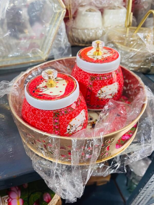 Elegant Gold Plated Tray with 2 Red Bowls – Decorative Serving Set for Dry Fruits, Sweets & Gifting - Image 4