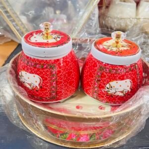 Elegant Gold Plated Tray with 2 Red Bowls – Decorative Serving Set for Dry Fruits, Sweets & Gifting