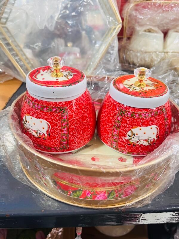 Elegant Gold Plated Tray with 2 Red Bowls – Decorative Serving Set for Dry Fruits, Sweets & Gifting
