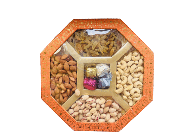 Premium Circle Dry Fruit With Chocolate Gift Box – 4 Varieties (100 g each) – Cashew, Almond, Pistachio, Raisin